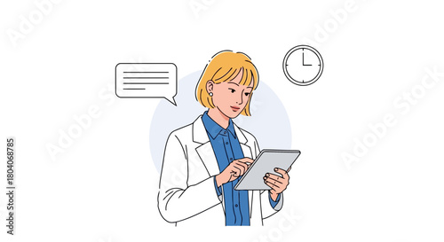 Illustration of a woman in a white lab coat and blue shirt is looking at a tablet, with a speech bubble and a clock in the background