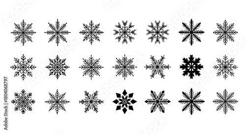 Collection of twenty-one unique and intricate snowflake designs, perfect for winter and holiday themes.