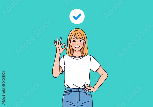 Illustration of young woman showing ok gesture and smiling, with a checkmark above her head, symbolizing success and approval against a teal background