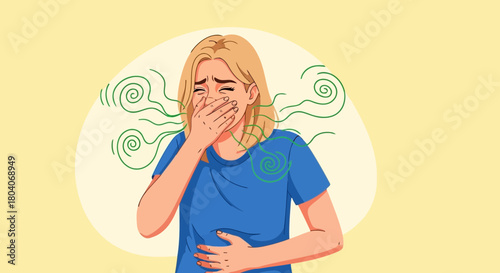 Illustration of woman covering her mouth with hand, feeling nauseous, with green swirls indicating bad smell or sickness, isolated on yellow background