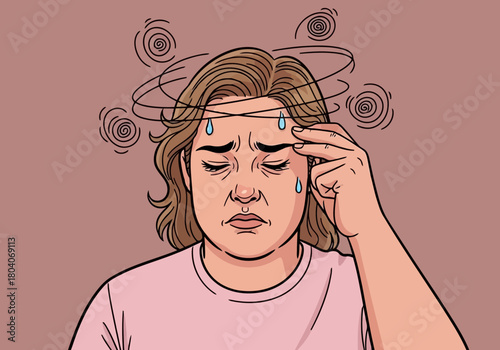 Illustration of woman feeling dizzy and unwell, holding her head with sweat drops and swirling lines indicating vertigo or headache