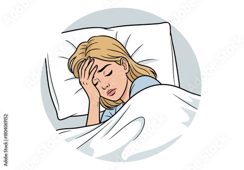 Illustration of young woman lying in bed, holding her forehead, looking unwell and tired, illustration
