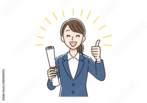 Illustration of a smiling woman in a suit holds a diploma and gives a thumbsup