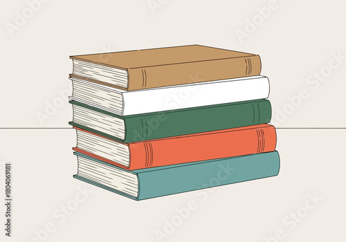 Illustration of a stack of five hardcover books, each with a different colored spine, neatly piled on a plain surface
