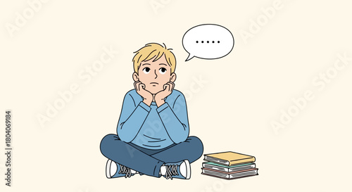 Illustration of young boy sitting crosslegged with a stack of books, looking thoughtful with a speech bubble indicating thinking, isolated on a light background