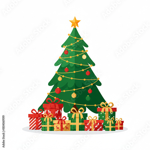christmas tree and gift boxes illustration isolated on transparent background