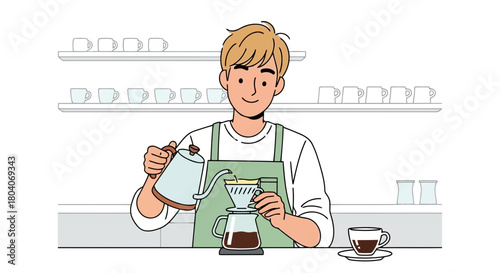 Illustration of a friendly barista carefully pours hot water from a kettle into a coffee dripper to make a fresh cup of coffee