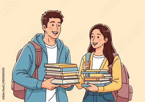 Illustration of a smiling young man and woman, both wearing backpacks and carrying stacks of books, appear to be students on a campus