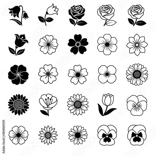 Collection of various black and white flower icons and silhouettes.