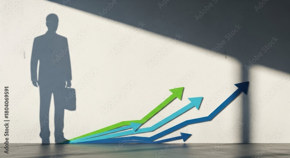 Fototapeta premium Growth chart depicting success with rising arrow curves and silhouette of person holding briefcase, growth chart symbolizes ambition. Growth chart signifies future business, finance, investments,