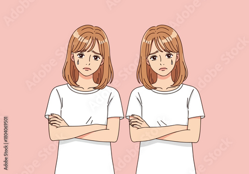 Illustration of two sad twin sisters with arms crossed and tears on their faces, looking upset against a pink background, illustration