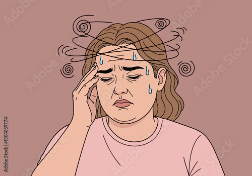 Illustration of woman feeling dizzy and unwell, holding her head with a worried expression and sweating, with swirling lines indicating dizziness