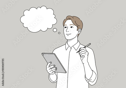Illustration of a young man in a white shirt holding a tablet and pen, with a thought bubble above his head, contemplating an idea