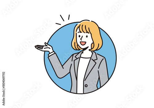 Illustration of a smiling businesswoman in a gray suit and white shirt, with short blonde hair, gesturing with her left hand, inside a blue circle