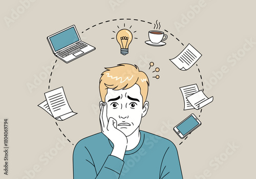 Illustration of man with a worried expression surrounded by icons of work and ideas, symbolizing stress and overthinking