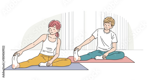 Illustration of a man and woman doing yoga together on yoga mats, stretching their legs in a seated position