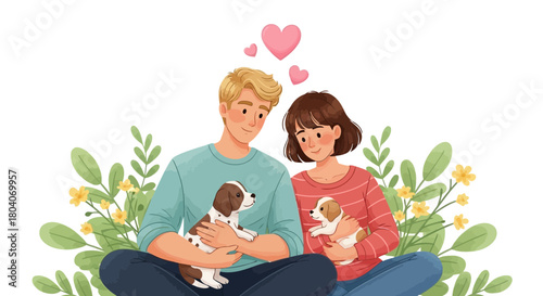 Illustration of a loving couple sitting together holding cute puppies surrounded by green leaves and yellow flowers