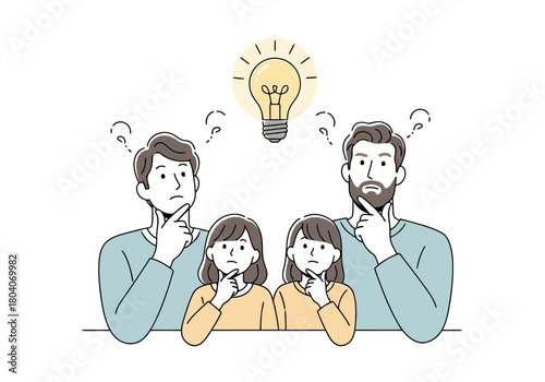 Illustration of two fathers and two daughters thinking with a light bulb above their heads