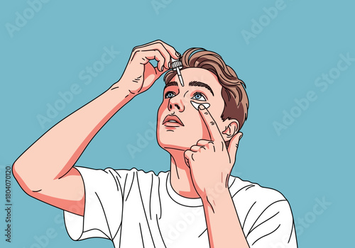 Illustration of young man applying eye drops to his eye with a dropper bottle, looking up with a blue background