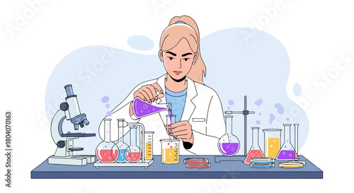Illustration of a focused female scientist in a lab coat pours liquid from a beaker into a test tube, surrounded by laboratory equipment like a microscope and flasks
