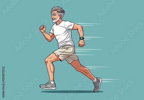Illustration of an active senior man with gray hair running with speed lines, enjoying a healthy lifestyle and outdoor activity
