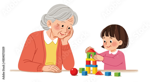 Illustration of a grandmother and granddaughter happily playing with colorful building blocks together