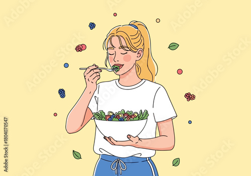 Illustration of a young woman with blonde hair tied in a ponytail enjoys a healthy salad, surrounded by colorful abstract shapes and leaves, against a soft yellow background