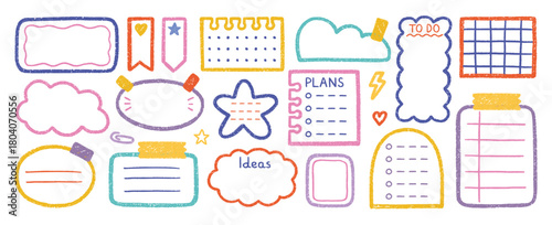 Crayon memo text boxes and doodle frames set. Pencil stickers for planners, note frames in sketch style. Grunge textured hand drawn illustrations isolated on white background.