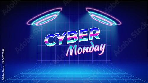 Cyber monday neon offer poster. Sale, promotion banner. Retro futuristic stage blue background. Circular cyan pink neon, led halo spotlight. Wireframe mesh. Black friday concept, advertising. Vector