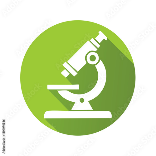 White microscope icon with long shadow on a green circular background flat design science symbol