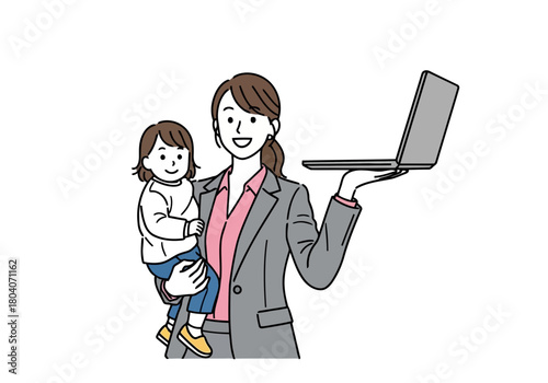 Illustration of a woman in a business suit holding a laptop and a child, representing worklife balance and remote work