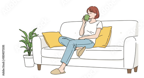 Illustration of a woman sitting on a white sofa, holding a green cup and drinking