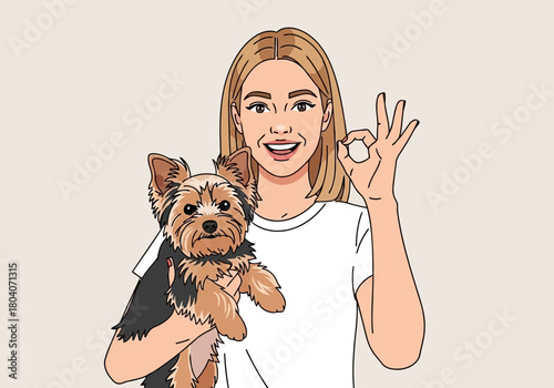 Illustration of young woman holding a cute yorkshire terrier dog and showing an ok sign, isolated on a plain background