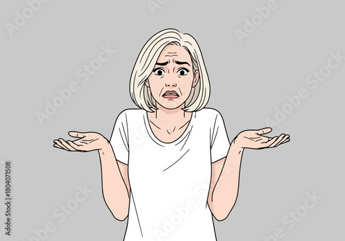 Illustration of a woman with blonde hair and a white tshirt shrugs her shoulders with a confused expression, conveying uncertainty and bewilderment