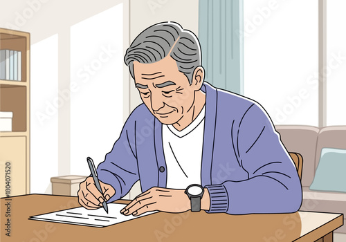 Illustration of elderly man sitting at a table and writing on a paper with a pen, wearing a cardigan and a watch