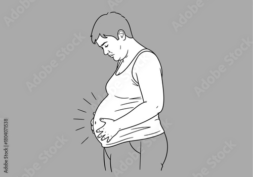 Illustration of a person in a tank top and pants holding their pregnant belly, with radiating lines indicating movement or sensation