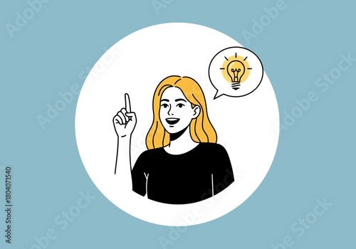Illustration of young woman with blonde hair has a brilliant idea, symbolized by a light bulb in a speech bubble, pointing her finger up