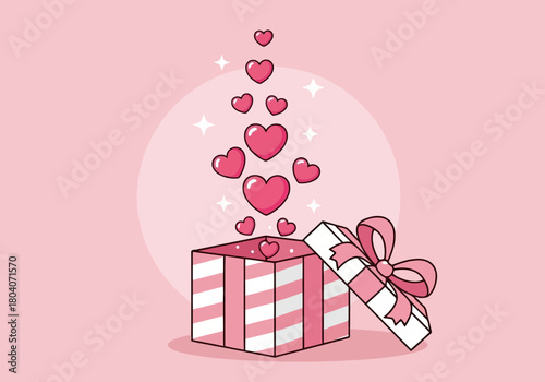 Illustration of a pink gift box with a ribbon, opening to reveal a cascade of pink hearts and sparkles, symbolizing love and celebration