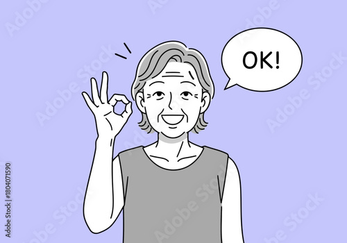 Illustration of elderly woman smiling and giving the ok sign with her hand, expressing approval and positivity against a light purple background