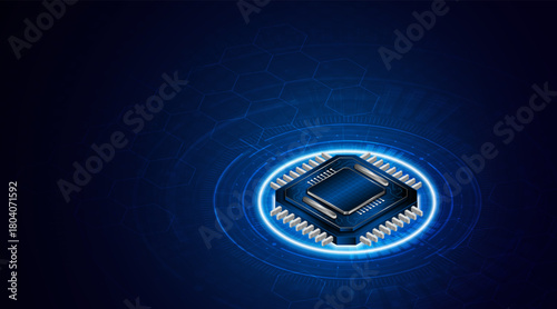 Microchip processor circuit board technology on dark blue background. Information Processing Concept. Circuit board hi-tech technology background. vector illustration	
