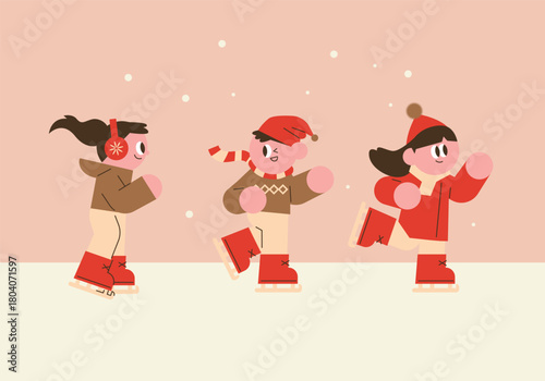 Happy Kids Ice Skating on a Snowy Day