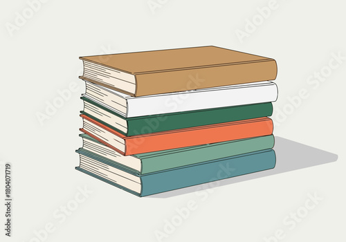 Illustration of a stack of five colorful books with different colored covers, neatly piled on top of each other against a plain background