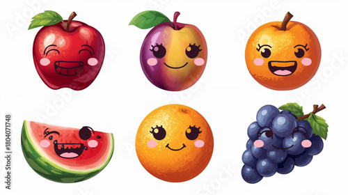 Isolated vector set of fresh ripe fruit including apple, orange, banana, lemon, pear, peach, mango, and strawberry on white