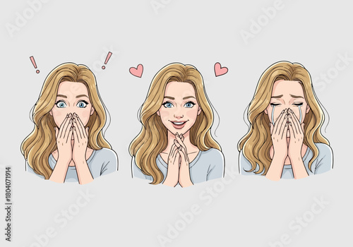 Illustration of three cartoon portraits of a young woman with blonde wavy hair showing different emotions like surprise, happiness, and sadness, isolated on a gray background
