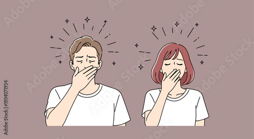 Illustration of a man and a woman yawning, covering their mouths with their hands, with sparkles around their heads, indicating tiredness or boredom