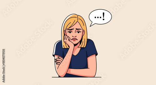 Illustration of a woman with blonde hair and a sad expression, resting her chin on her hand, with a thought bubble indicating she is thinking