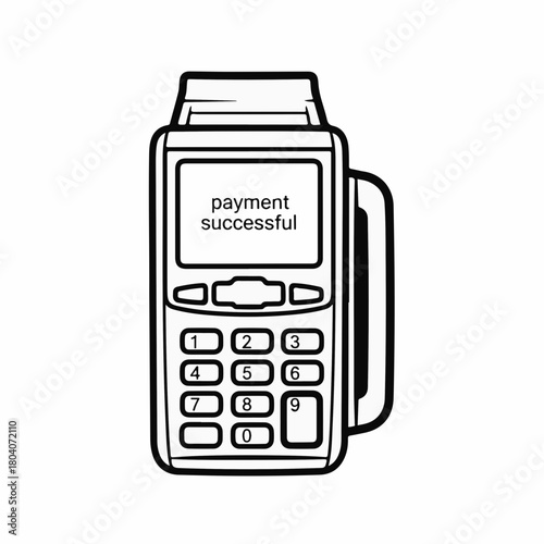 Successful payment with POS terminal in a monochrome rendering, highlighting secure financial transaction. Successful payment screen indicates confirmation of money transfer,