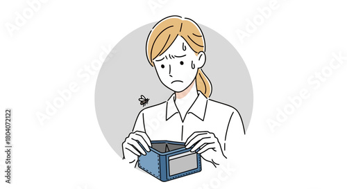Illustration of a worried woman looking at her empty wallet with a fly buzzing around, symbolizing financial hardship and poverty