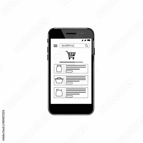 Shopping app concept with a minimalist mobile user interface on smartphone, featuring shopping cart icon. Shopping app graphic shows digital product search, shopping app mockup for modern e-commerce.