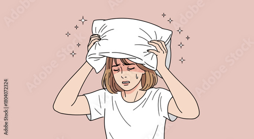 Illustration of a woman holding a pillow over her head, looking distressed and sweaty, with sparkling stars around her head, suggesting a headache or fever